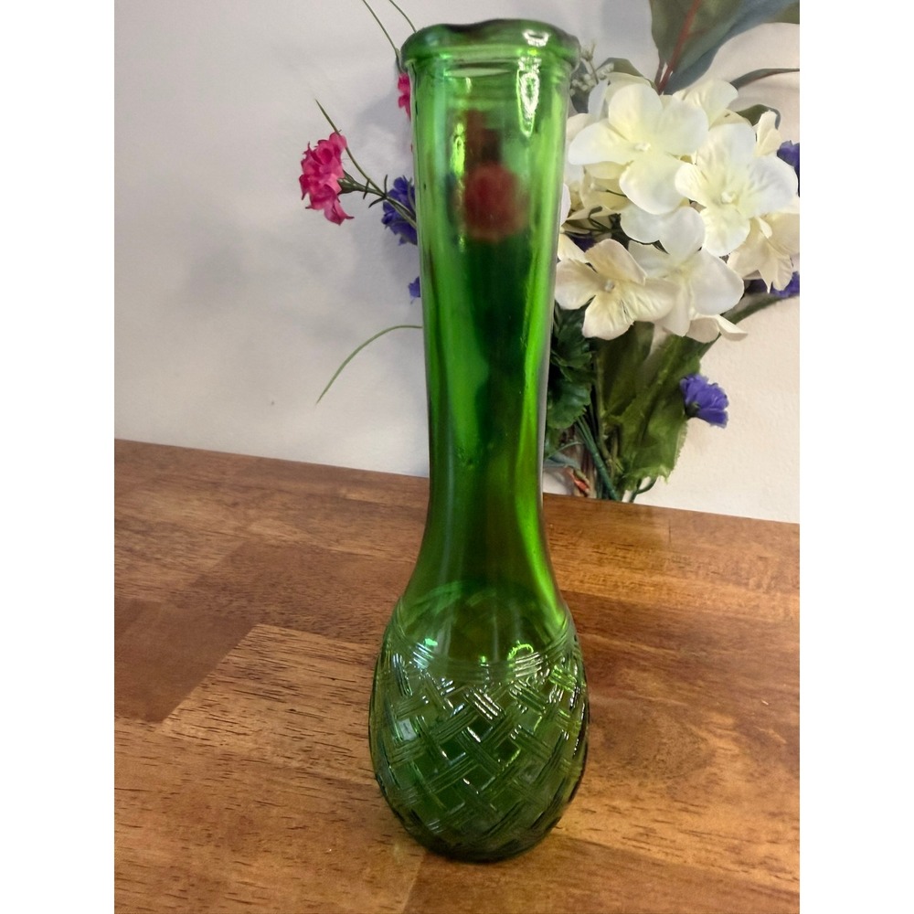 Vintage Emerald Green Glass Bud Vase Basketweave Pattern Tall Retro Flower Vase